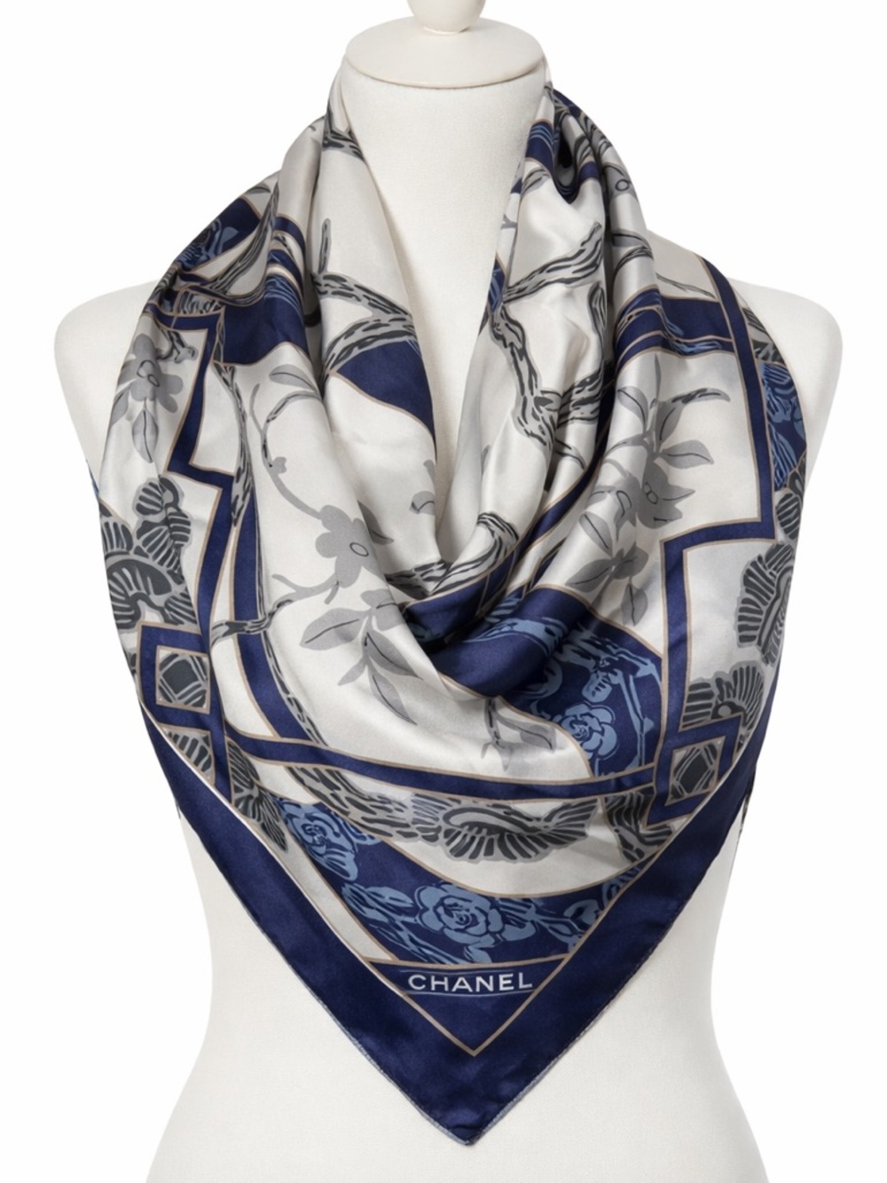 Chanel Navy and Beige Silk Scarf